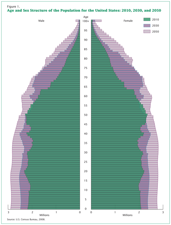 A population pyramid depicting the U.S. age distribution of 2010, and projecting the age distribution o f the U.S. in the years 2030 and 2050.