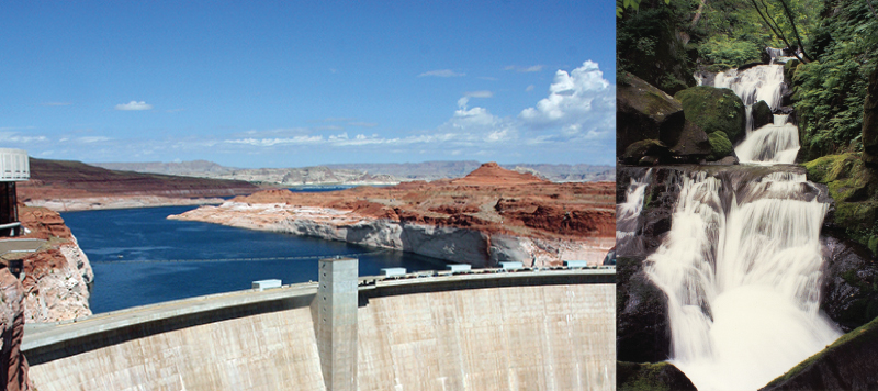 The photo on the left shows water behind a dam. The photo on the right shows a waterfall.