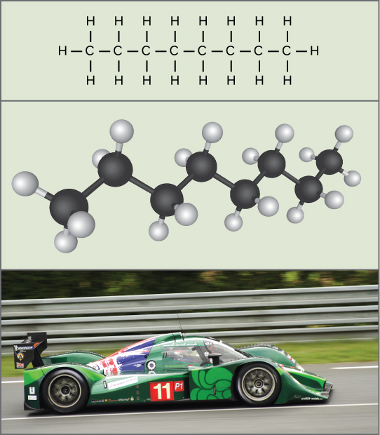 The molecular formula of octane (top), which is a chain of eight carbons and eighteen hydrogens, fuels a racecar speeding along a track (bottom).
