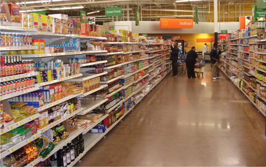A photo shows people shopping in a grocery store.