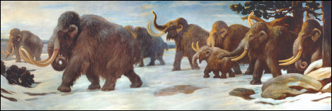 Photo (a) shows a painting of mammoths walking in the snow.