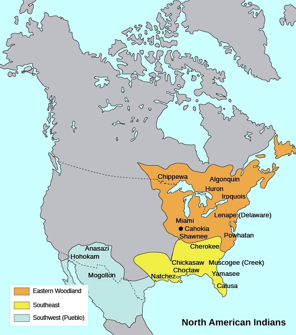 A map shows the locations of the Southwest (Pueblo) cultures, the Southeast cultures, and the Eastern Woodland tribes, as well as the ancient city of Cahokia.