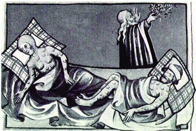An illustration depicts two bedridden victims, a man and a woman, whose bodies are covered with the swellings characteristic of the Black Death. Another man walks by holding a handful of herbs or flowers.