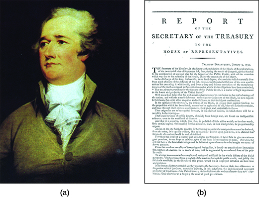 Painting (a) is a portrait of Alexander Hamilton. Image (b) shows the first page of the “Report on Public Credit.”