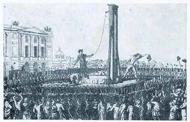 A drawing depicts the beheading of Louis XVI during the French Revolution. A large crowd surrounds a scaffold on which a guillotine is mounted. Louis XVI’s headless body lies on the platform. An executioner holds his head up to the crowd.