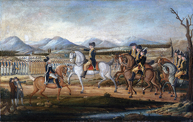 A painting shows George Washington, who is mounted on horseback, leading a large number of troops, both mounted and on foot, on a large plain with mountains in the background.