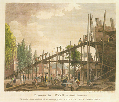 A print shows a group of workers assembling a large wooden ship. Men shape boards on the ground and walk up scaffolding that surrounds the ship, which towers several stories above the ground.