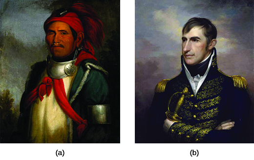 Painting (a) is a portrait of Tenskwatawa, who wears metal earrings and collar and a red cloth hat with feathers. His right eye is missing. Painting (b) is a portrait of William Henry Harrison, who wears an elaborate military uniform.