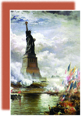 A painting depicts the unveiling of the Statue of Liberty, which is surrounded by many small boats flying American and French flags.