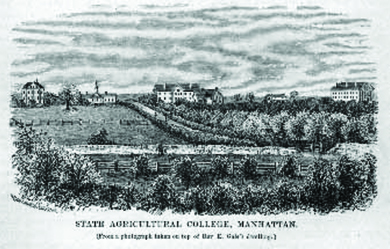 An engraving shows the grounds of Kansas State University. A label reads “State Agricultural College, Manhattan.”