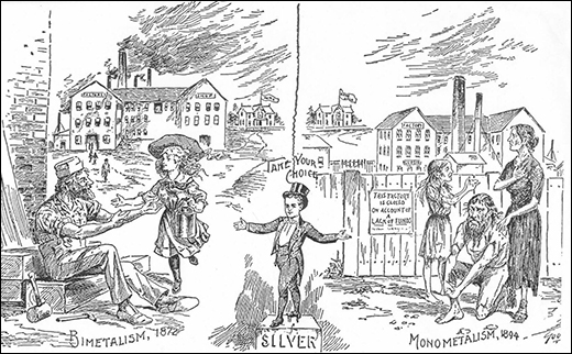 A poster shows a happy worker and child on the left, with a factory in the background and the label “Bimetalism, 1872.” On the right, a poor worker is shown with his wife and child; all appear emaciated and wear tattered clothes. Behind them is a fenced-off factory with a sign reading “This Factory is Closed on Account for a Lack of Funds.” A label reads “Monometalism, 1894.” Between the images, a young boy in a suit stands upon a block labeled “Silver,” with the words “Take Your Choice.”