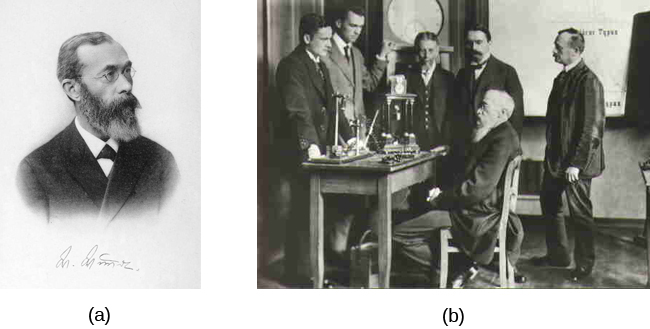 Photograph A shows Wilhelm Wundt. Photograph B shows Wundt and five other people gathered around a desk with equipment on top of it.