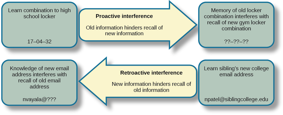 A diagram shows two types of interference. A box with the text “learn combination to high school locker, 17–04–32” is followed by an arrow pointing right toward a box labeled “memory of old locker combination interferes with recall of new gym locker combination, ??–??–??”; the arrow connecting the two boxes contains the text “proactive interference (old information hinders recall of new information.” Beneath that is a second part of the diagram. A box with the text “knowledge of new email address interferes with recall of old email address, nvayala@???” is followed by an arrow pointing left toward the “early event” box and away from another box labeled “learn sibling’s new college email address, npatel@siblingcollege.edu”; the arrow connecting the two boxes contains the text “retroactive interference (new information hinders recall of old information.”