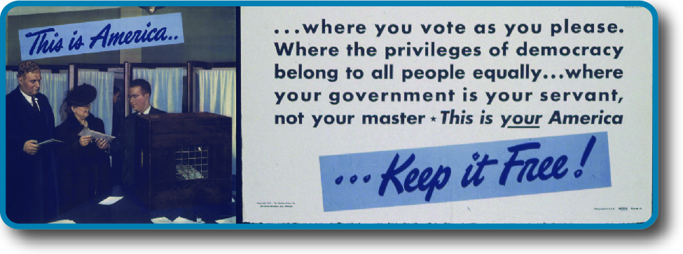 An image of a poster that reads “This is America where you vote as you please, where the privileges of democracy belong to all people equally, where your government is your servant, not your master. This is your America…Keep it Free!”