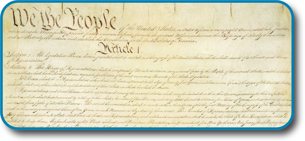 A photo of the U.S. Constitution displays the headings, “We the People” and “Article I.”