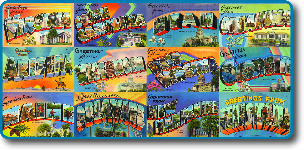 A series of postcards from different states, with the slogan “Greetings From” above each state’s name. Iconic images and scenery decorates each states’ postcard. States includes are Virginia, South Carolina,Utah, Oklahoma, Arizona, Wisconsin, West Virginia, Georgia, Maine, Delaware, New Hampshire, and Pennsylvania.