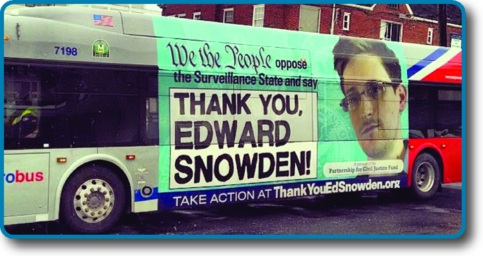 A photo of the side of a public bus. An advertisement on the side of the bus reads “We the People oppose the Surveillance State and say Thank you, Edward Snowden! Take action at ThankYouEdSnowden.org”.