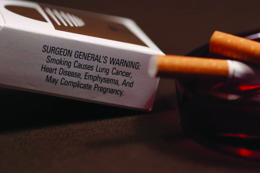 A photo of a cigarette box and two cigarettes. The cigarettes are resting in an ashtray. Text on the cigarette box reads “Surgeon General’s Warning: Smoking causes lung cancer, heart disease, emphysema, and may complicate pregnancy”.