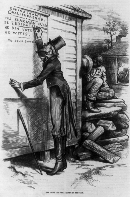 An image of a cartoon. In the foreground a person dressed in a top hat and a coat with tails writes on the wall of a building. The writing reads “Eddikazhun Qualifukazhun. The blakman orter be eddikated arofe he kin vote with us wites. Mr. Solid South”. In the background is a seated person facing the person who is writing.