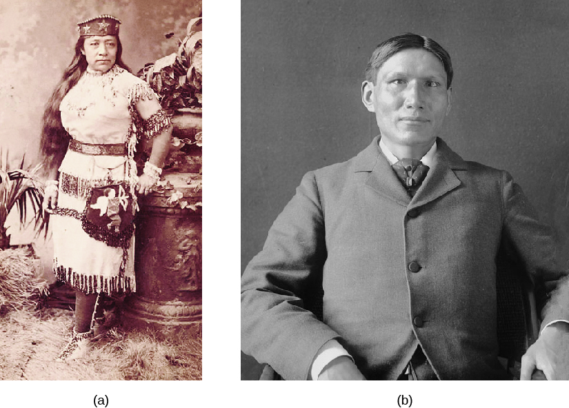Image A is of Sarah Winnemucca wearing traditional Paiute clothing. Image B is of Charles Eastman wearing a suit.