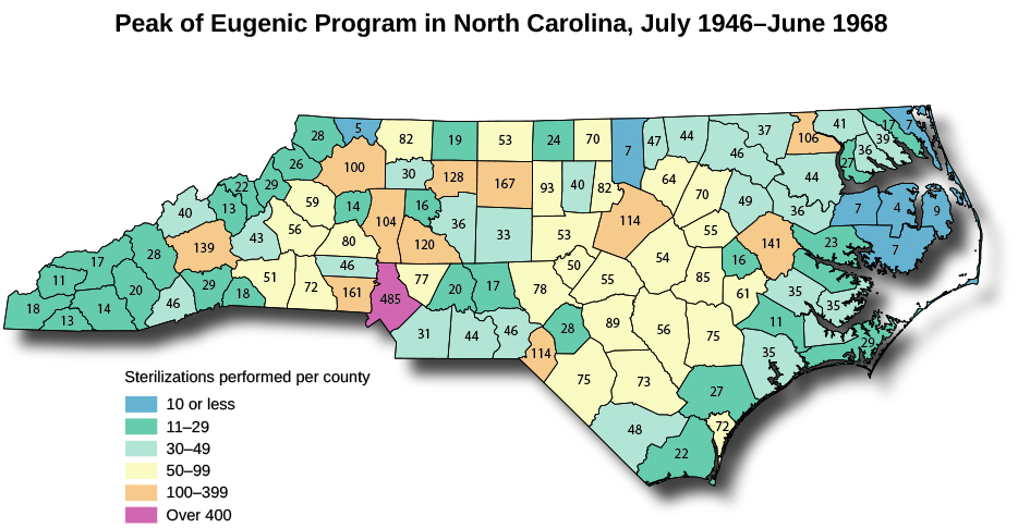 A map of North Carolina titled “Peak of Eugenic Program in North Carolina, July 1946-June 1968”. A legend reads “Sterilizations performed by county” and marks the counties into six categories. Seven counties are marked “10 or less”. Twenty-six counties are marked “11-29”. Twenty-five counties are marked “30-49”. Twenty-seven counties are marked “50-99”. Eleven counties are marked “100-399”. One county is marked “Over 400”.