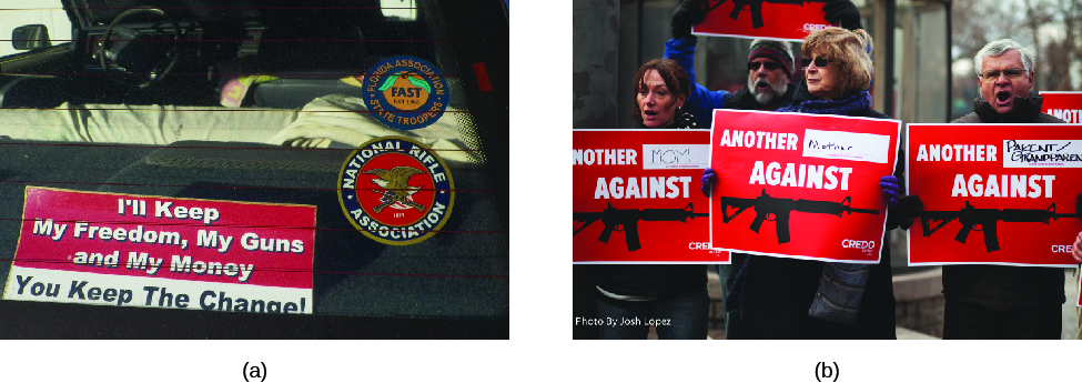 Image A is of the back window of a truck. A sign visible through the back window reads “I’ll keep my freedom, my guns, and my money, you keep the change!” Image B is of four people holding signs that read “Another (blank) against (image of assault rifle)”.