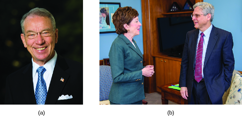 Image A is of Chuck Grassley. Image B is of Merrick Garland and Susan Collins.
