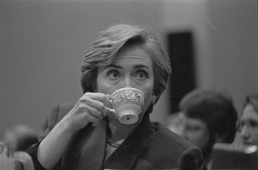 A photo of Hillary Clinton sipping tea.