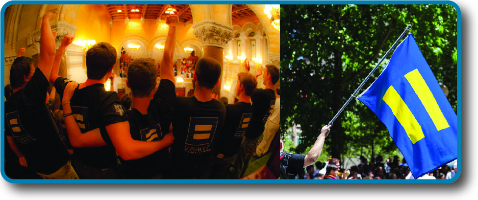 Image on the left is of the back of a group of people. The symbol of an equals sign can be seen on the back of several shirts. Image on the right is of a flag. On the flag is the symbol of an equals sign.