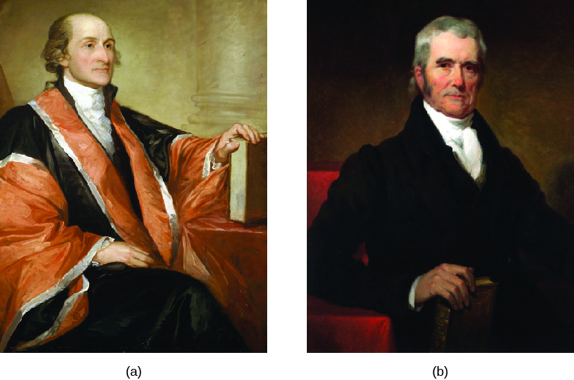 Image A is of Justice John Jay. John is seated with his left hand on a book. Image B is of Justice John Marshall. John is standing, and holds a book is his right hand.