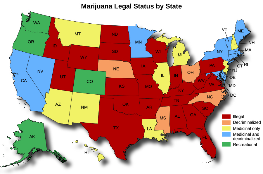 A map of the Unites States titled “Marijuana Legal Status by State”. The map shows in which states marijuana is illegal, decriminalized, medicinal only, medicinal and decriminalized, and recreational. Marijuana is only legal for recreational use in four states, legal for medicinal use and decriminalized in around ten states, legal for medicinal use only in eight states, decriminalized in four states, and illegal in over twenty states.