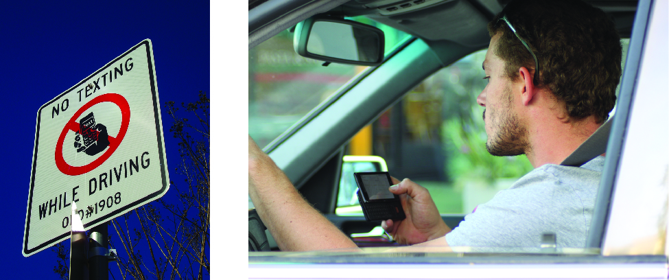 On the left is an image of a sign that reads “No texting while driving”. On the right is an image of a person in the driver’s seat of a vehicle. The person is holding a phone in their hand and looking at it.