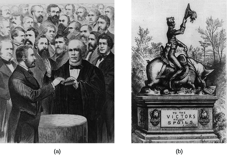 Image A is an illustration of Ulysses S. Grant being sworn in as President of the United States. Image B is a cartoon featuring a statue of Andrew Jackson riding a pig over a bed of skulls. A plaque on the pedestal reads “To the victors belong the spoils.”