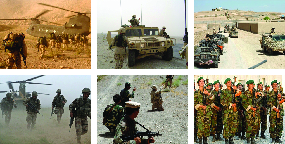 A series of six images that show combat troops in various locations Afghanistan.