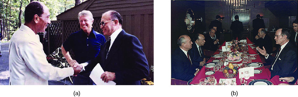 Image A is of Jimmy Carter shaking hands with Anwar El Sadat, with Menachem Begin standing beside them. Image B is of a dinner party with several seated people, including George H. W. Bush and Mikhail Gorbachev.