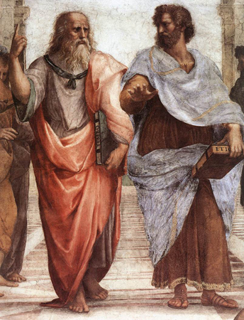 Figure (a) shows two ancient Greeks.