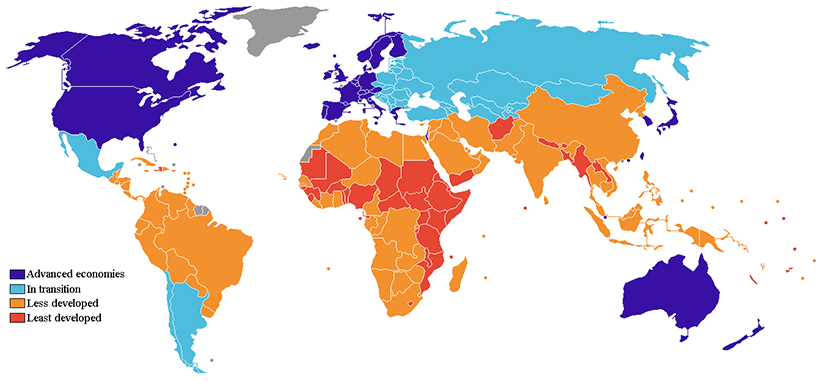 This world map shows advanced, transitioning, less, and least developed countries.